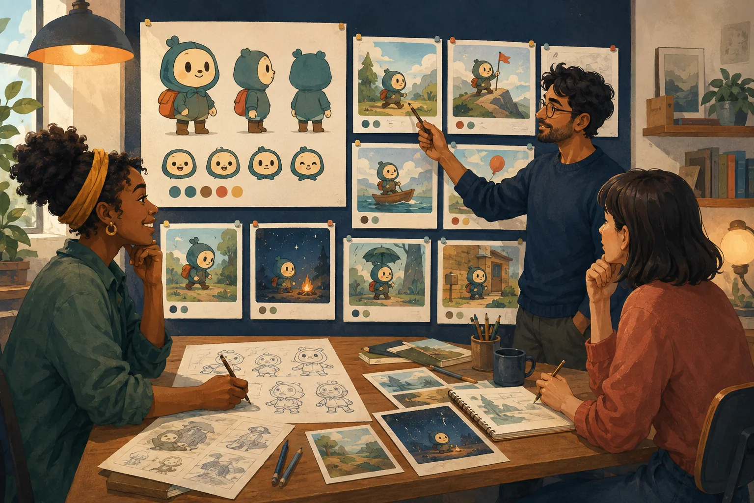 A small creative team planning a clear brand story with a recurring cartoon character and visual scene cards.