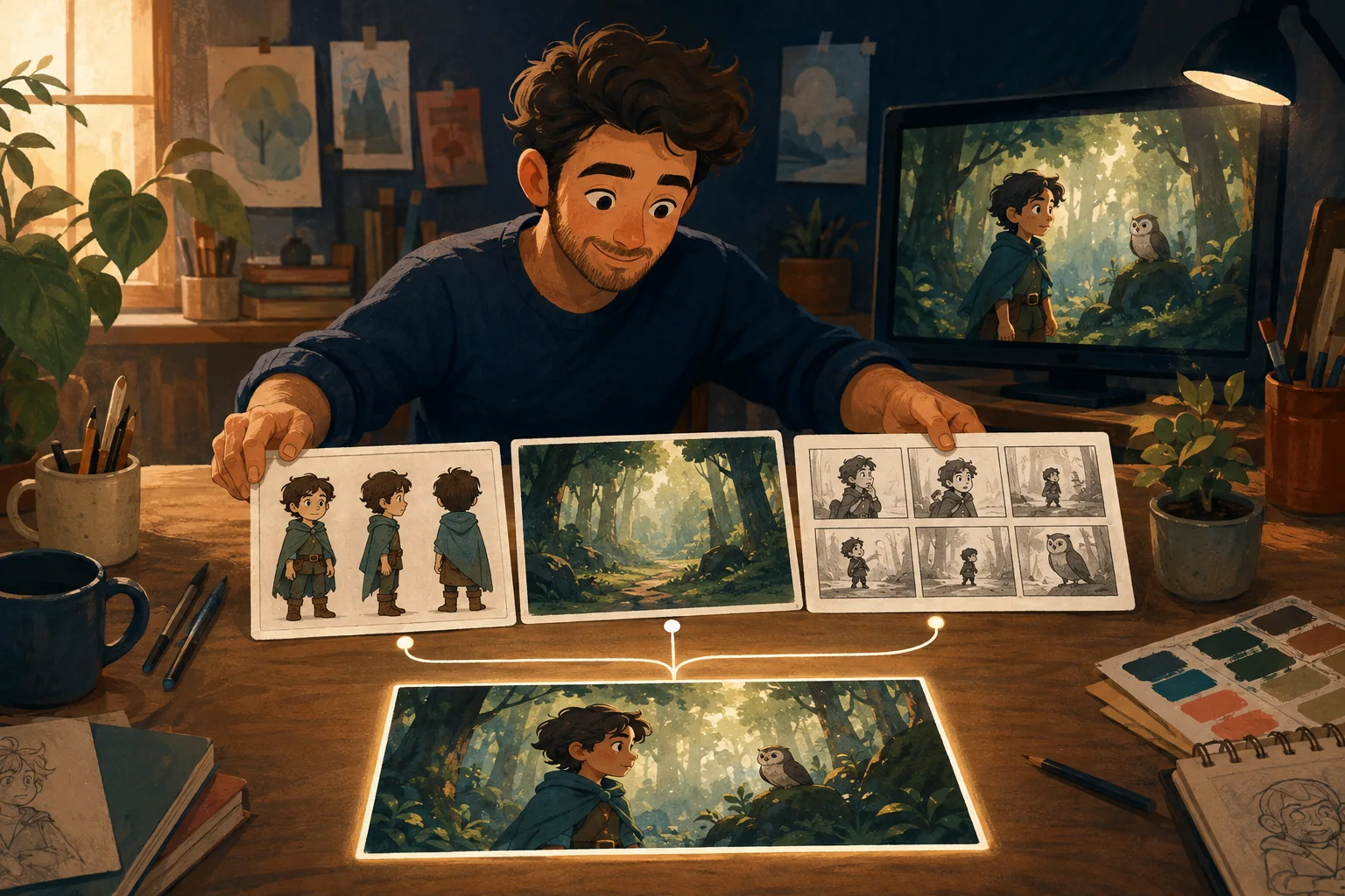 A cartoon creator arranging character, location and storyboard reference cards into a consistent scene sequence.