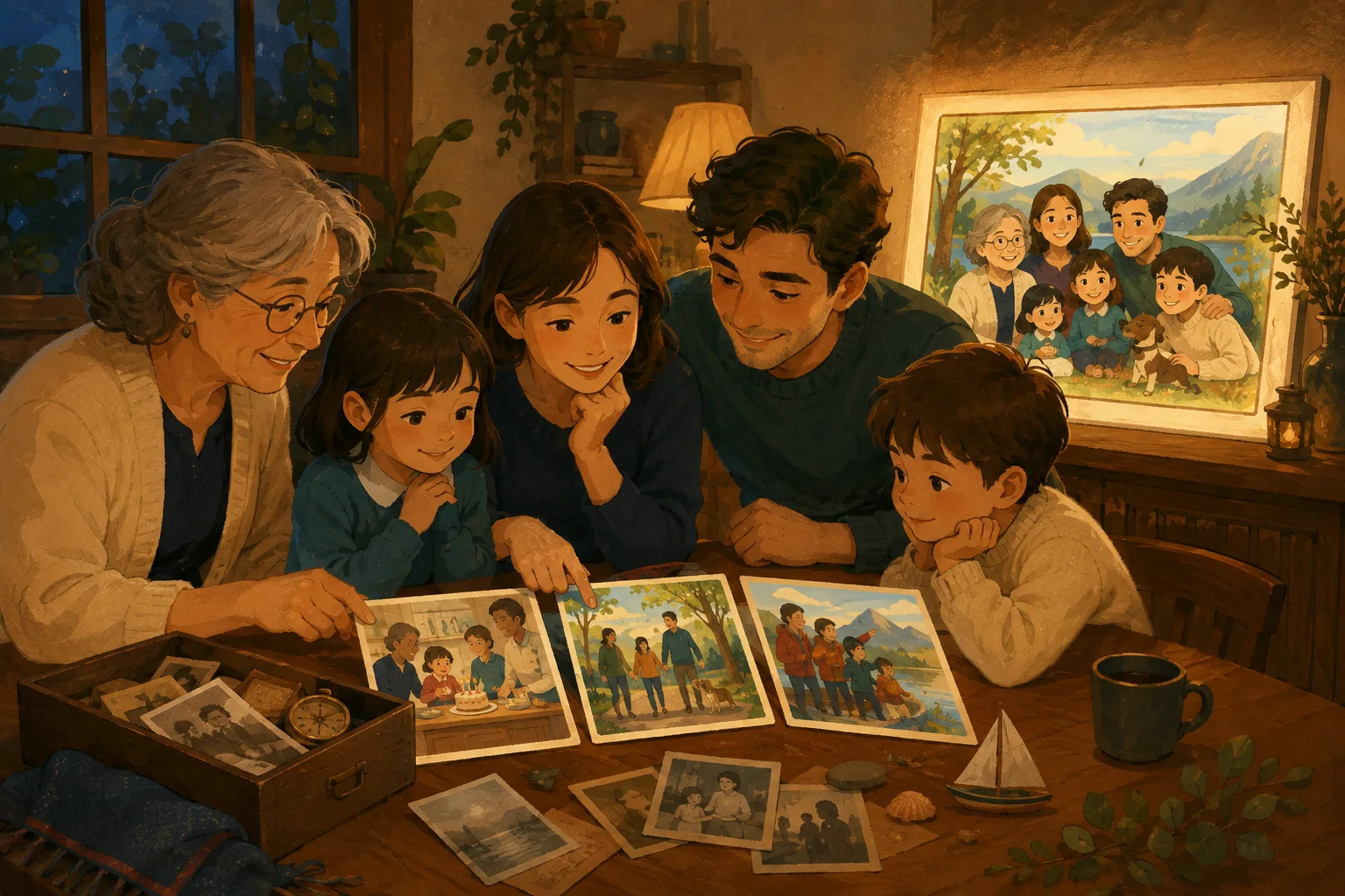 A family shaping personal memories into a warm illustrated cartoon story together.